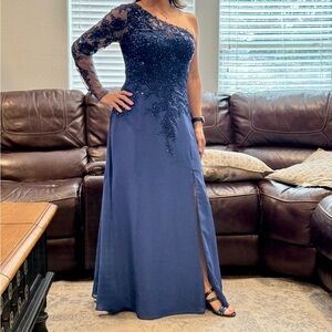 JJs House One-Shoulder Blue Dress with Lace Sleeve Size - *New , never worn*